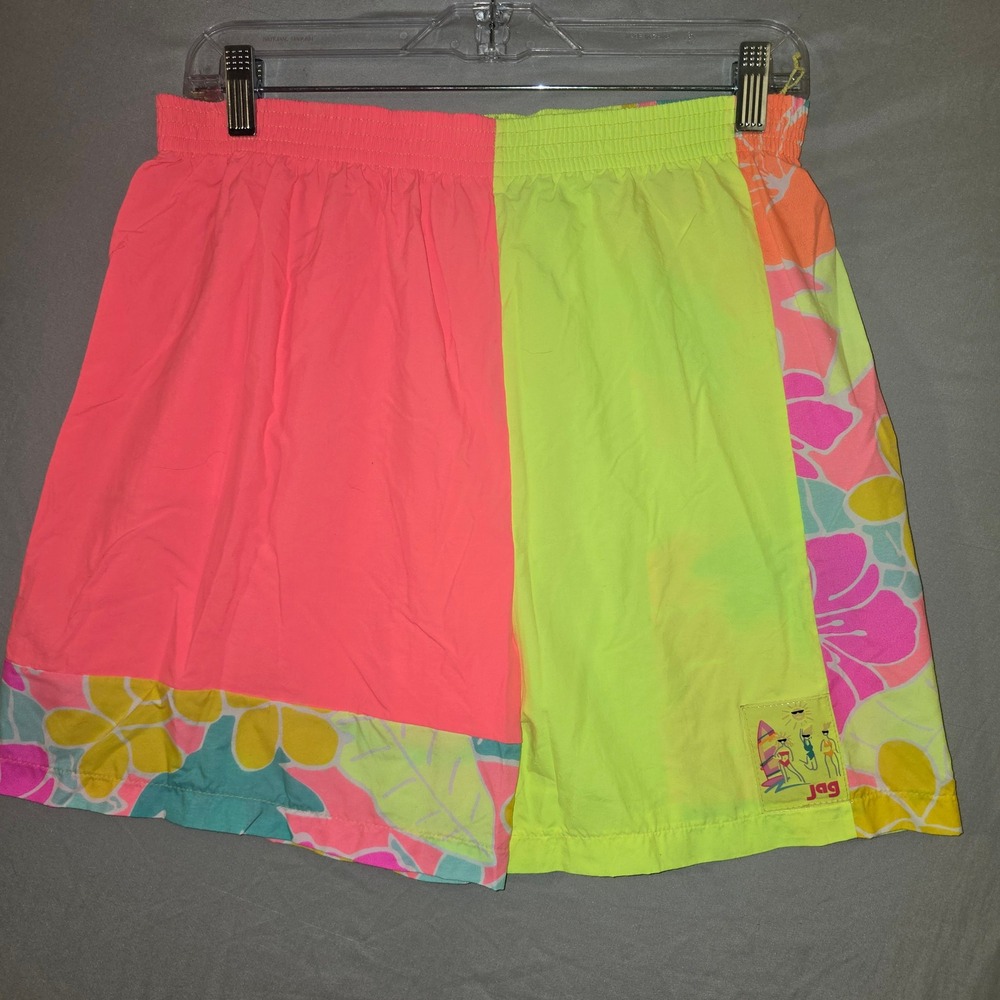 Jag Swim Trunks Medium Mens Neon Pink Yellow Floral Retro 90s Vintage USA